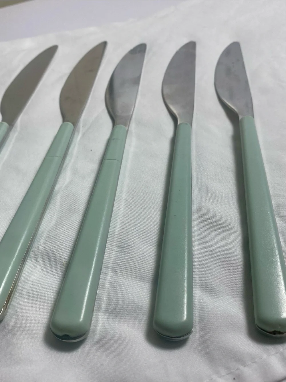 Vintage Set of 5 Green Handle Stainless Steel Table Knives